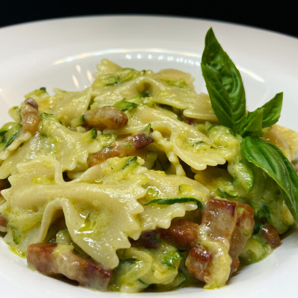 Farfalle Pasta Armando with courgettes, robiola and bacon