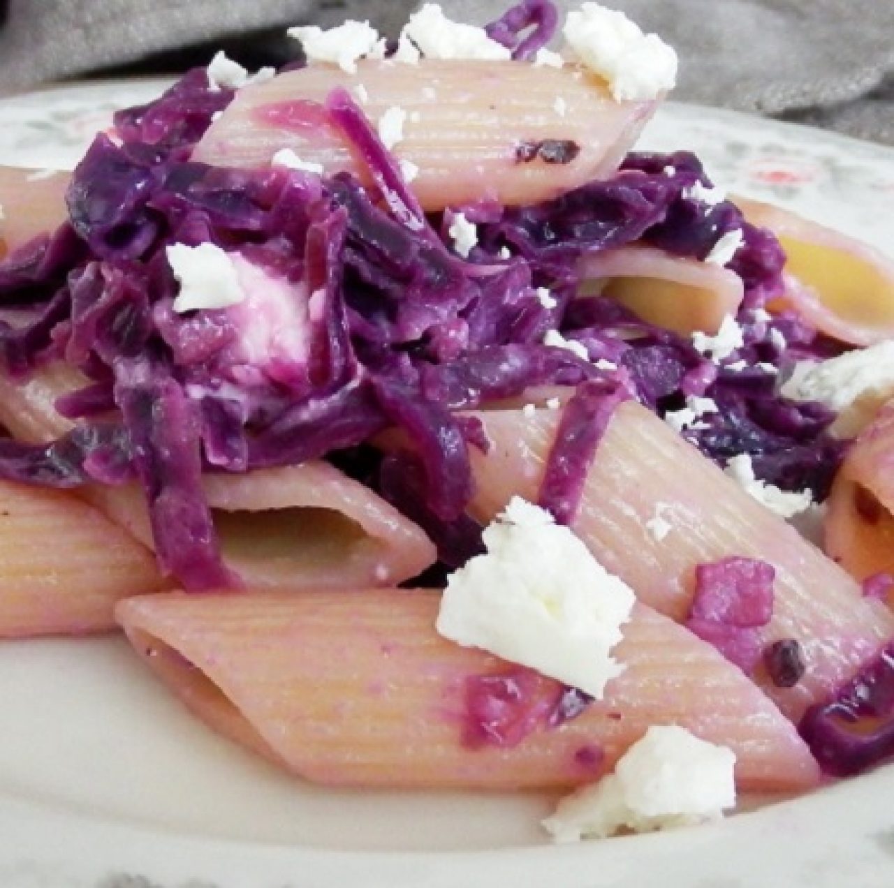 Penne con cavolo cappuccio rosso, taleggio e speck