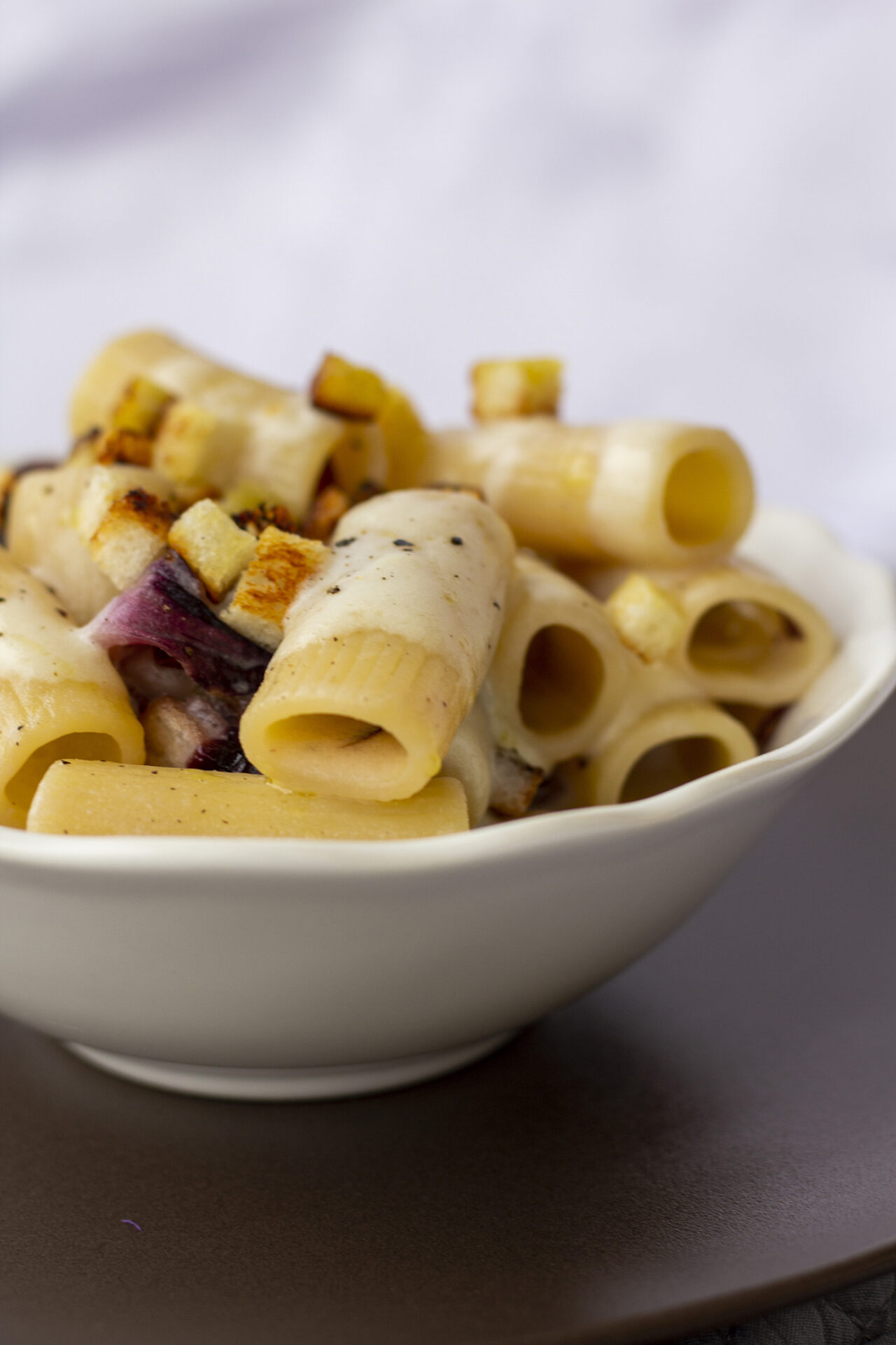 Rigatoni mit Crescenza-Fondue mit Pistazienlikör und Radicchio aus Verona