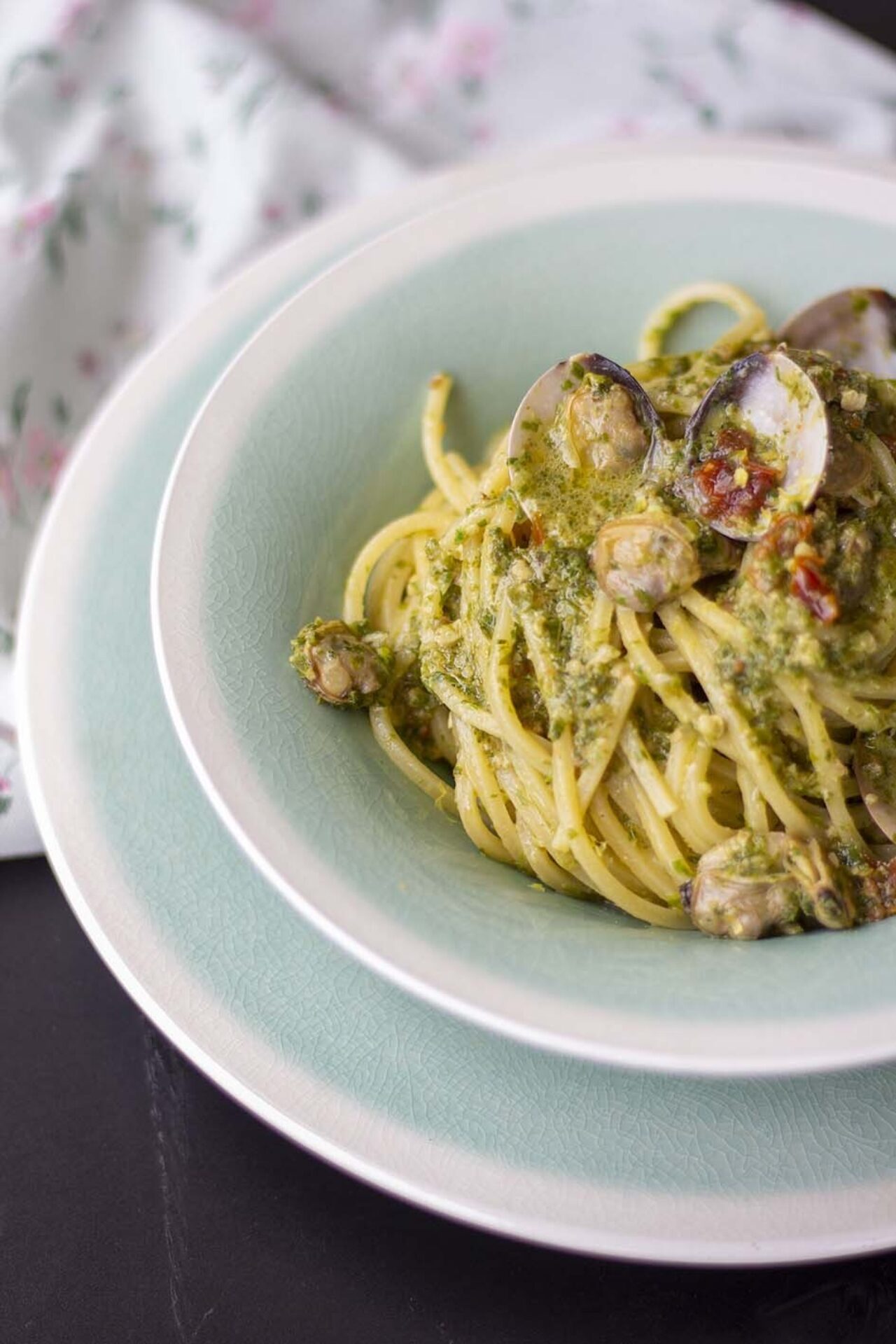 Pasta Armando Chitarra with celery leaf pesto and clams