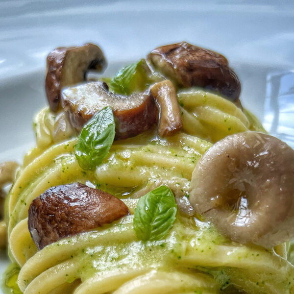 Chitarra, crema di zucchette e funghi misti