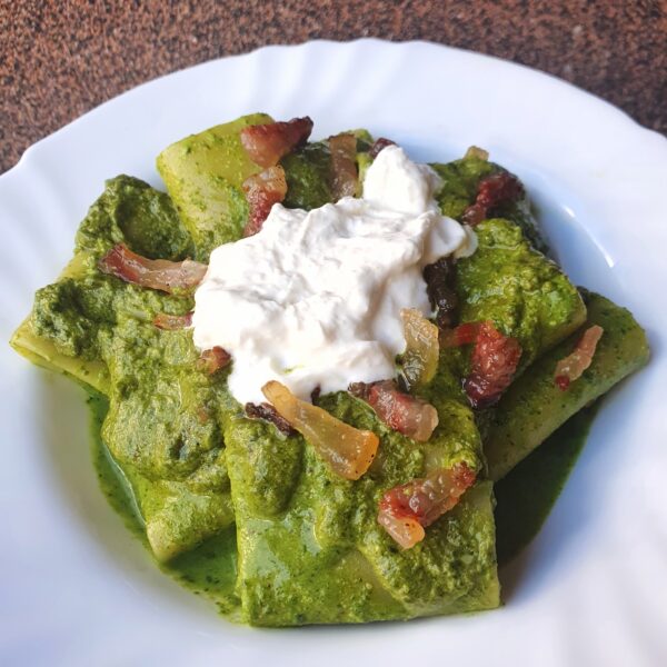 Paccheri con crema di rucola, guanciale e stracciatella