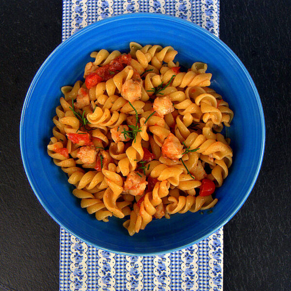 Pasta Armando Fusilli with baby tomatoes, cod and olive herb