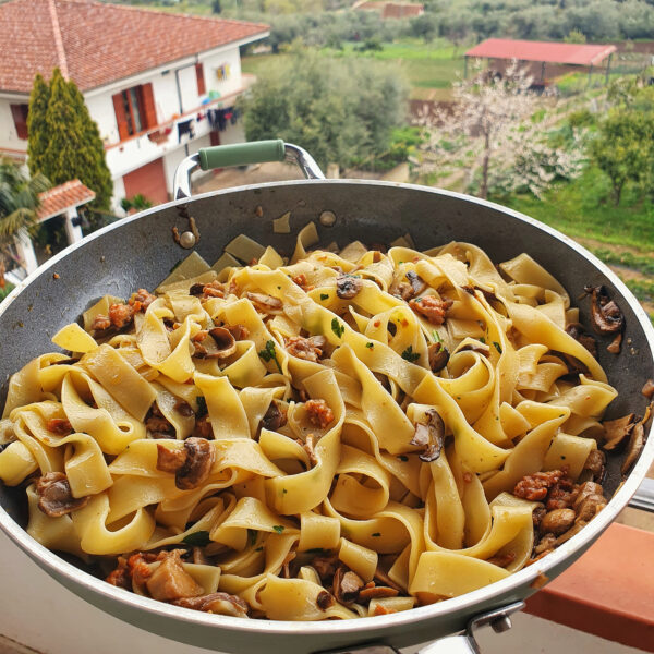 Pappardelle ai funghi porcini, champignon e salsiccia piccante